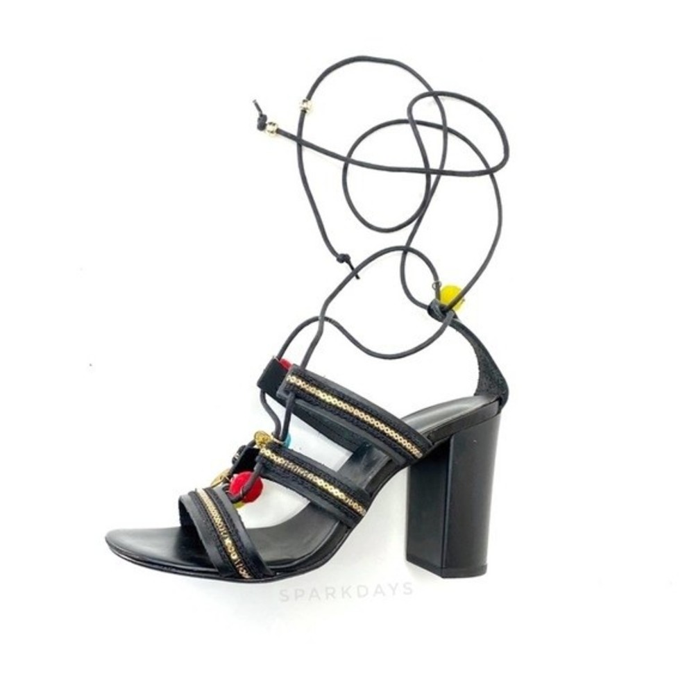 Italian Black Leather Pom Pom Charm Lace Up Euphoria Sandal Block High Heels